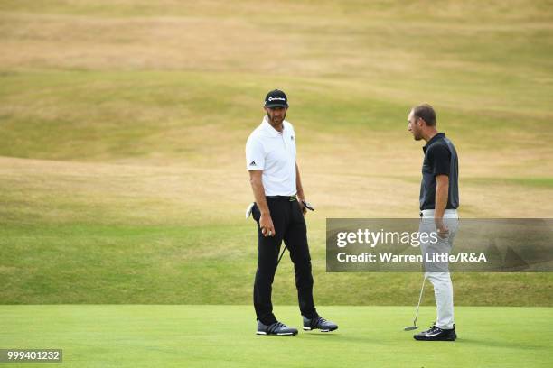 Dustin Johnson of the United States seen while practicing during previews to the 147th Open Championship at Carnoustie Golf Club on July 15, 2018 in...