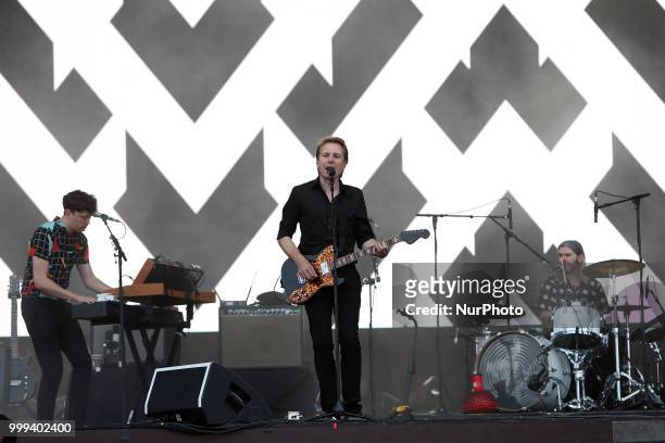 Scottish indie rock band Franz Ferdinand lead singer Alex Kapranos performs at the NOS Alive 2018 music festival in Lisbon, Portugal, on July 14,...