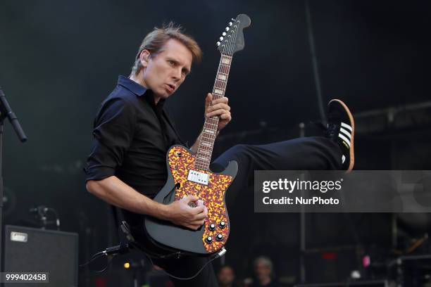 Scottish indie rock band Franz Ferdinand lead singer Alex Kapranos performs at the NOS Alive 2018 music festival in Lisbon, Portugal, on July 14,...