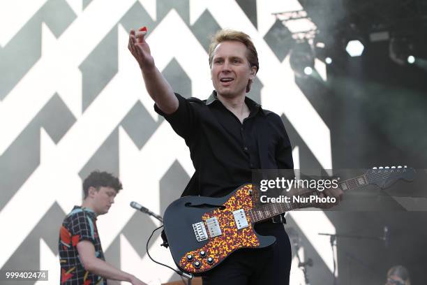 Scottish indie rock band Franz Ferdinand lead singer Alex Kapranos performs at the NOS Alive 2018 music festival in Lisbon, Portugal, on July 14,...