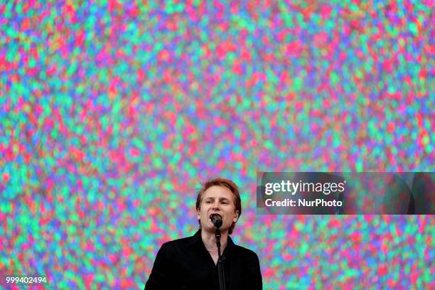 Scottish indie rock band Franz Ferdinand lead singer Alex Kapranos performs at the NOS Alive 2018 music festival in Lisbon, Portugal, on July 14,...