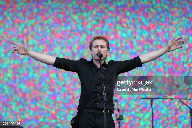 Scottish indie rock band Franz Ferdinand lead singer Alex Kapranos performs at the NOS Alive 2018 music festival in Lisbon, Portugal, on July 14,...