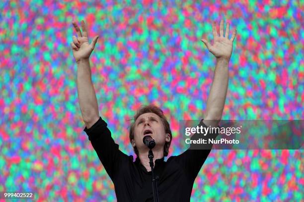 Scottish indie rock band Franz Ferdinand lead singer Alex Kapranos performs at the NOS Alive 2018 music festival in Lisbon, Portugal, on July 14,...