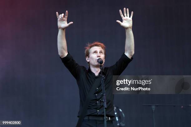 Scottish indie rock band Franz Ferdinand lead singer Alex Kapranos performs at the NOS Alive 2018 music festival in Lisbon, Portugal, on July 14,...