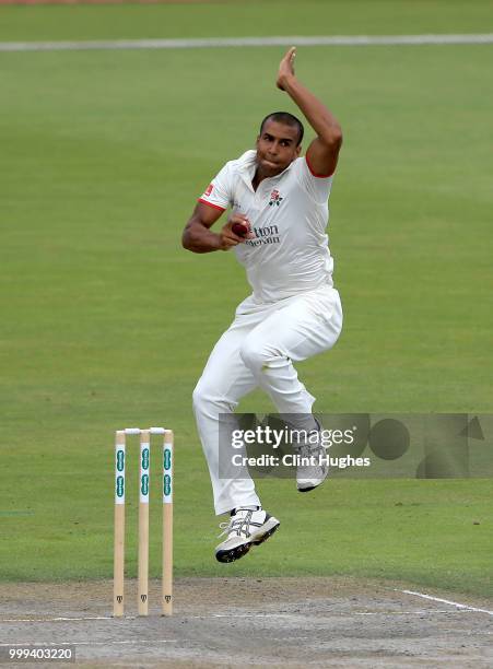 Liam Hurt of Lancashire bowls during the Lancashire Second XI v Nottinghamshire Second XI match at Emirates Old Trafford on July 15, 2018 in...