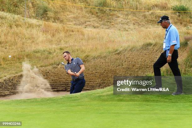 Justin Thomas of the United States seen while practicing during previews to the 147th Open Championship at Carnoustie Golf Club on July 15, 2018 in...