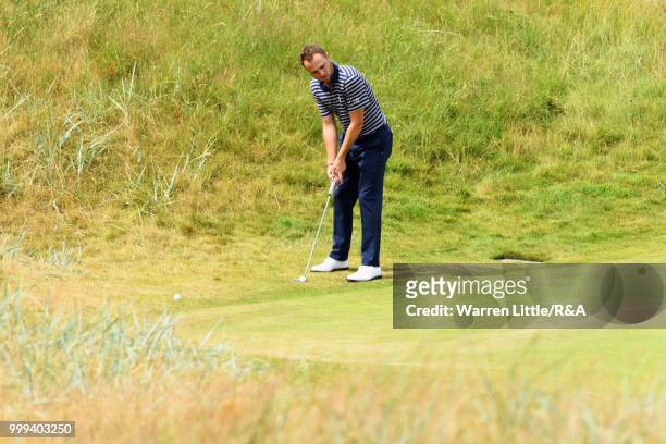 Justin Thomas of the United States seen while practicing during previews to the 147th Open Championship at Carnoustie Golf Club on July 15, 2018 in...