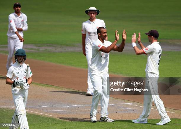 Liam Hurt of Lancashire celebrates after taking the wicket of Tom Keast of Nottinghamshire during the Lancashire Second XI v Nottinghamshire Second...