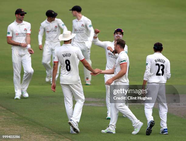 Danny Lamb of Lancashire celebrates after taking the wicket of Lyndon James of Nottinghamshire during the Lancashire Second XI v Nottinghamshire...