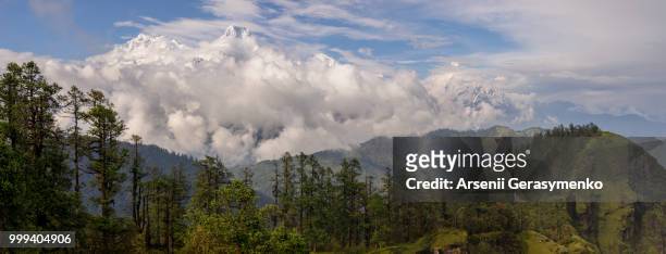 annapurna and machapuchare peaks from mohare hill - machapuchare stock pictures, royalty-free photos & images