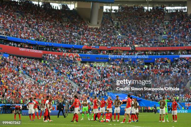 England players sit dejected after the 2018 FIFA World Cup Russia 3rd Place Playoff match between Belgium and England at Saint Petersburg Stadium on...