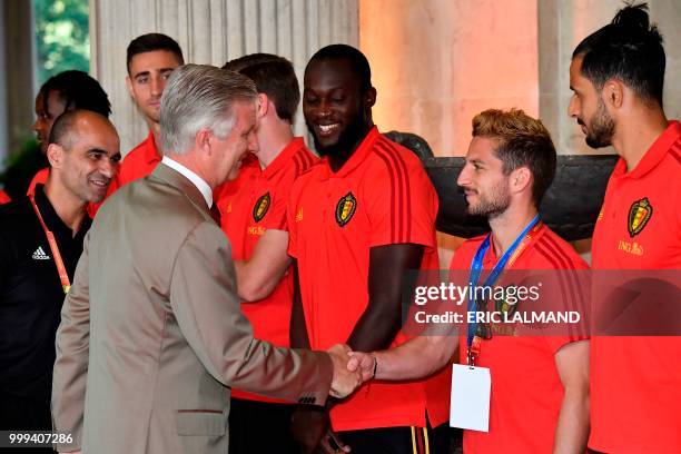 King Philippe - Filip of Belgium congratulates Belgium's head coach Roberto Martinez and team players ; forward Romelu Lukaku , forward Dries Mertens...