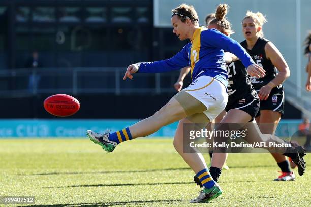 Jess Duffin of the Seagulls kicks the ball during the round 10 VFLW match between Carlton and Williamstown at Ikon Park on July 15, 2018 in...