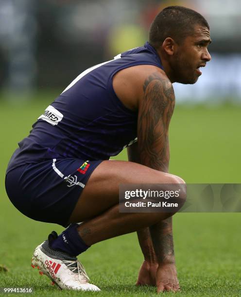 Bradley Hill of the Dockers looks on during the round 17 AFL match between the Fremantle Dockers and the Port Adelaide Power at Optus Stadium on July...