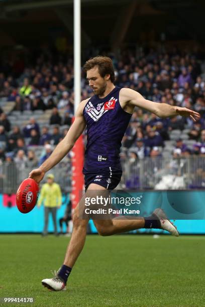 Joel Hamling of the Dockers passes the ball during the round 17 AFL match between the Fremantle Dockers and the Port Adelaide Power at Optus Stadium...