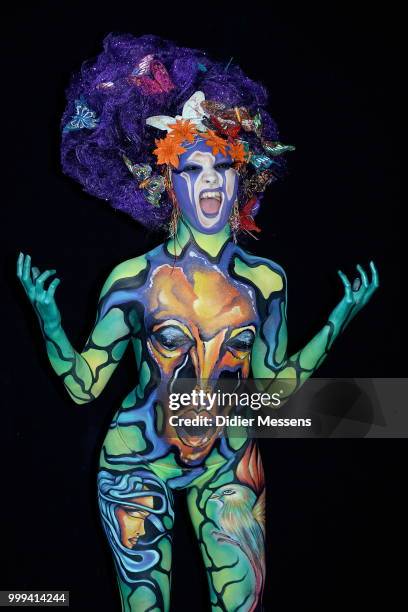 Model, painted by bodypainting artist Irene Sanches Galdon from Spain, poses for a picture at the 21st World Bodypainting Festival 2018 on July 14,...