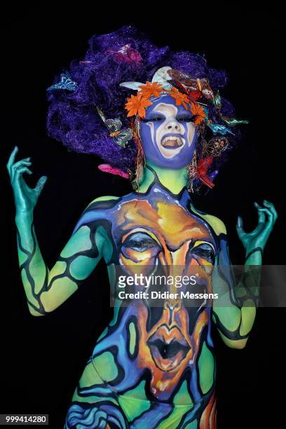 Model, painted by bodypainting artist Irene Sanches Galdon from Spain, poses for a picture at the 21st World Bodypainting Festival 2018 on July 14,...