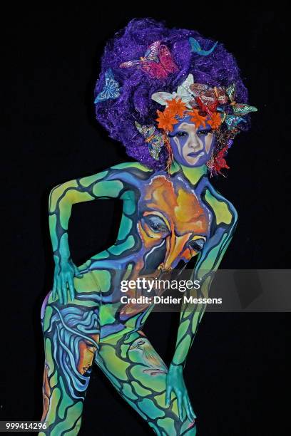 Model, painted by bodypainting artist Irene Sanches Galdon from Spain, poses for a picture at the 21st World Bodypainting Festival 2018 on July 14,...