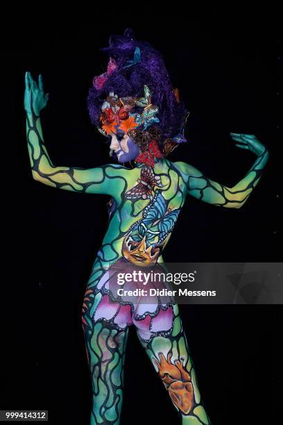 Model, painted by bodypainting artist Irene Sanches Galdon from Spain, poses for a picture at the 21st World Bodypainting Festival 2018 on July 14,...