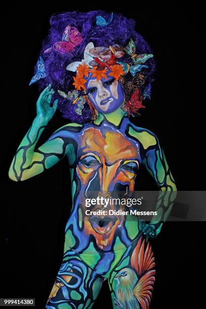 Model, painted by bodypainting artist Irene Sanches Galdon from Spain, poses for a picture at the 21st World Bodypainting Festival 2018 on July 14,...