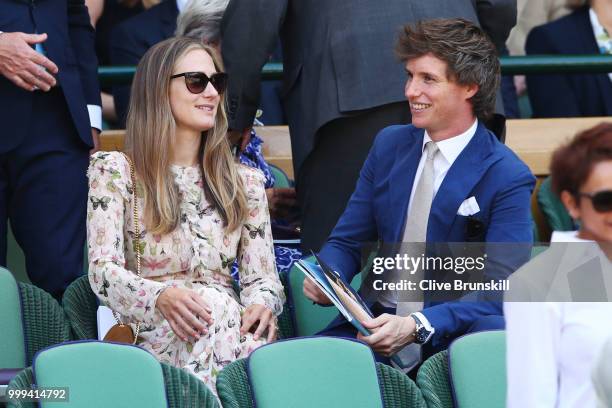 Hannah Bagshawe and Eddie Redmayne attend the Men's Singles final on day thirteen of the Wimbledon Lawn Tennis Championships at All England Lawn...