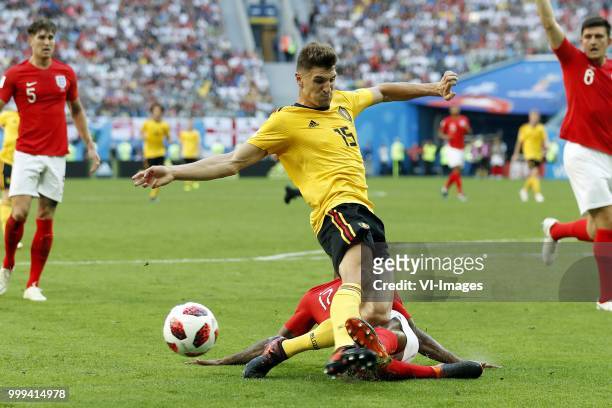 Thomas Meunier of Belgium, Fabian Delph of England during the 2018 FIFA World Cup Play-off for third place match between Belgium and England at the...