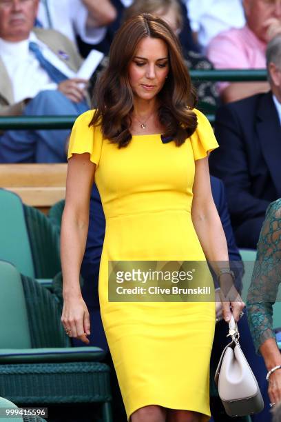 Catherine, Duchess of Cambridge attend the Men's Singles final on day thirteen of the Wimbledon Lawn Tennis Championships at All England Lawn Tennis...