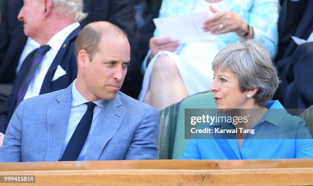 Prince William, Duke of Cambridge and Prime Minister Theresa May attend the men's singles final on day thirteen of the Wimbledon Tennis Championships...