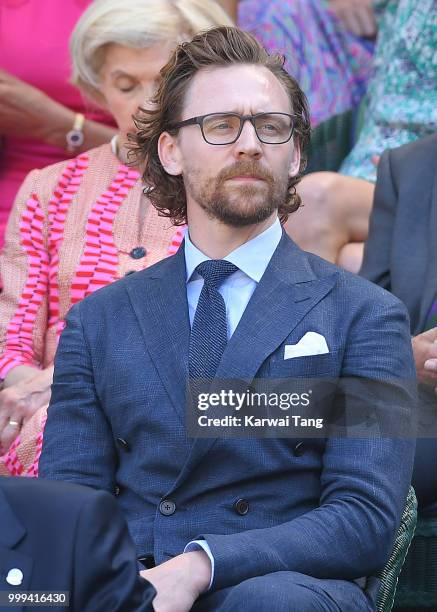 Tom Hiddleston attends the men's singles final on day thirteen of the Wimbledon Tennis Championships at the All England Lawn Tennis and Croquet Club...