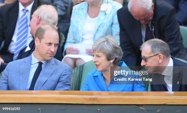 Prince William, Duke of Cambridge, Prime Minister Theresa May and Philip May attend the men's singles final on day thirteen of the Wimbledon Tennis...