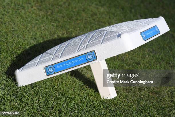 Detailed view of the special commemorative base to be used to celebrate Jackie Robinson Day prior to game two of a double header between the New York...