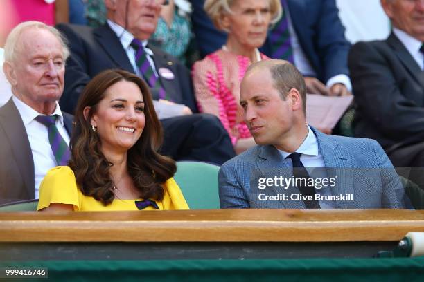 Catherine, Duchess of Cambridge and Prince William, Duke of Cambridge attend the Men's Singles final on day thirteen of the Wimbledon Lawn Tennis...