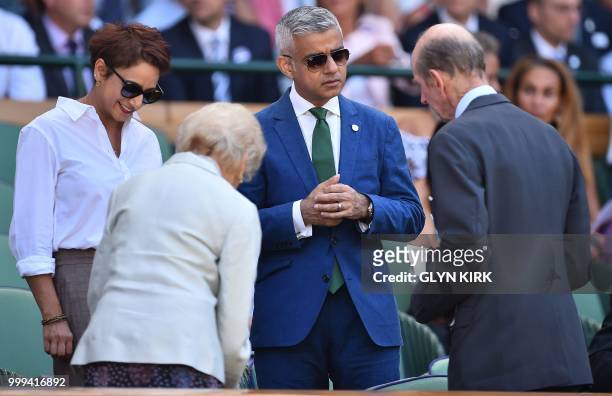 London mayor Sadiq Khan speaks with Britain's Prince Edward, Duke of Kent in the Royal Box before South Africa's Kevin Anderson plays Serbia's Novak...