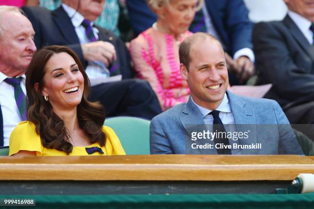 Catherine, Duchess of Cambridge and Prince William, Duke of Cambridge attend the Men's Singles final on day thirteen of the Wimbledon Lawn Tennis...