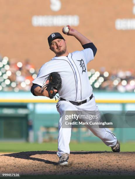 Blaine Hardy of the Detroit Tigers pitches during the game against the Texas Rangers at Comerica Park on July 7, 2018 in Detroit, Michigan. The...