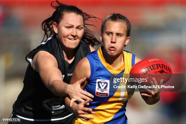 Nikki Wallace of the Seagulls runs with the ball during the round 10 VFLW match between Carlton Blues and Williamstown Seagulls at Ikon Park on July...