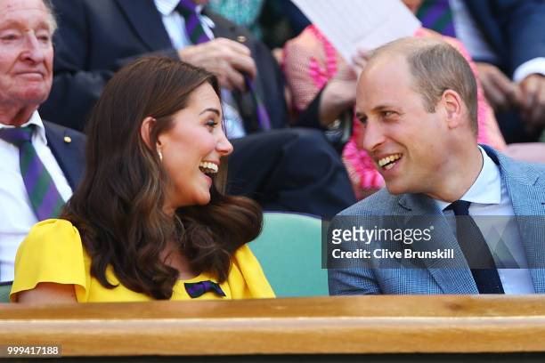 Catherine, Duchess of Cambridge and Prince William, Duke of Cambridge attend the Men's Singles final on day thirteen of the Wimbledon Lawn Tennis...