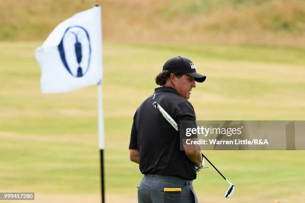 Phil Mickelson of the United States seen on the 4th green while practicing during previews to the 147th Open Championship at Carnoustie Golf Club on...