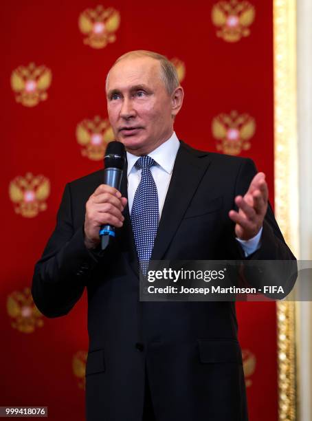 President of Russia Valdimir Putin participates in a handover ceremony ahead of the 2018 FIFA World Cup Russia Final between France and Croatia at...