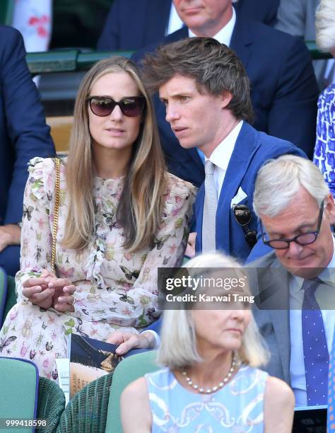 Hannah Bagshawe and Eddie Redmayne attend the men's singles final on day thirteen of the Wimbledon Tennis Championships at the All England Lawn...