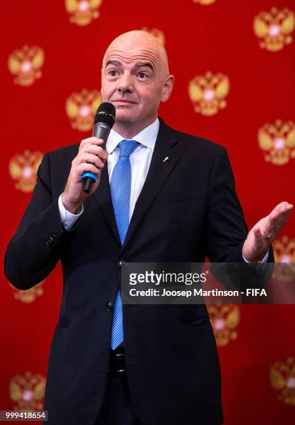 President Gianni Infantino participates in a handover ceremony ahead of the 2018 FIFA World Cup Russia Final between France and Croatia at Kremlin on...
