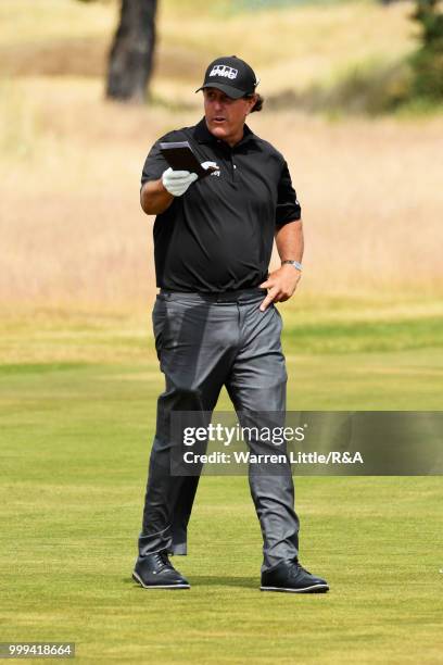 Phil Mickelson of the United States seen on the 4th fairway while practicing during previews to the 147th Open Championship at Carnoustie Golf Club...