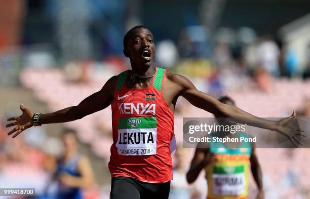 Solomon Leukta of Kenya crosses the finish line to win gold in the final of the men's 800m on day six of The IAAF World U20 Championships on July 15,...