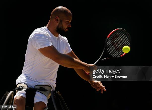 July 15: Stefan Olsson of Sweden during the mens wheelchair final against Gustavo Fernandez of Argentina at the All England Lawn Tennis and Croquet...