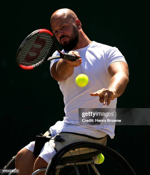 July 15: Stefan Olsson of Sweden during the mens wheelchair final against Gustavo Fernandez of Argentina at the All England Lawn Tennis and Croquet...