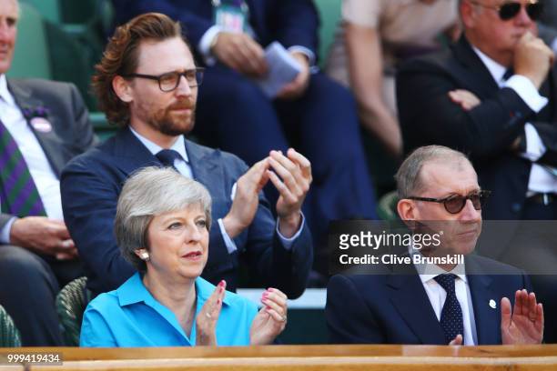 British Prime Minister Theresa May and her husband Philip May attend the Men's Singles final on day thirteen of the Wimbledon Lawn Tennis...