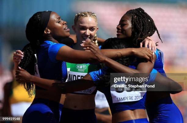 Team USA celebrate after winning gold in the final of the women's 4x400m relay on day six of The IAAF World U20 Championships on July 15, 2018 in...