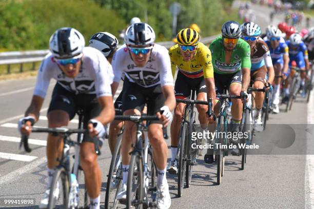 Greg Van Avermaet of Belgium and BMC Racing Team Yellow Leader Jersey / Peter Sagan of Slovakia and Team Bora Hansgrohe Green Sprint Jersey / Romain...