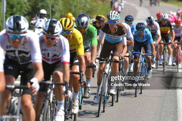 Greg Van Avermaet of Belgium and BMC Racing Team Yellow Leader Jersey / Peter Sagan of Slovakia and Team Bora Hansgrohe Green Sprint Jersey / Romain...