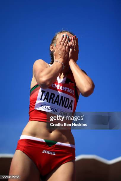 Karyna Taranda of Belarus celebrates winning gold in the final of the women's high jump on day six of The IAAF World U20 Championships on July 15,...